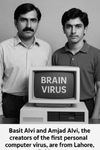 Illustration of Basit and Amjad Alvi in a 1986 Lahore computer shop, showing the creation of the Brain Virus 