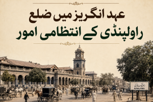 عہد انگریز میں ضلع راولپنڈی کے انتظامی امور کی تاریخی تصویر، جس میں برطانوی دور کا راولپنڈی شہر اور سرکاری عمارت دکھائی گئی ہے